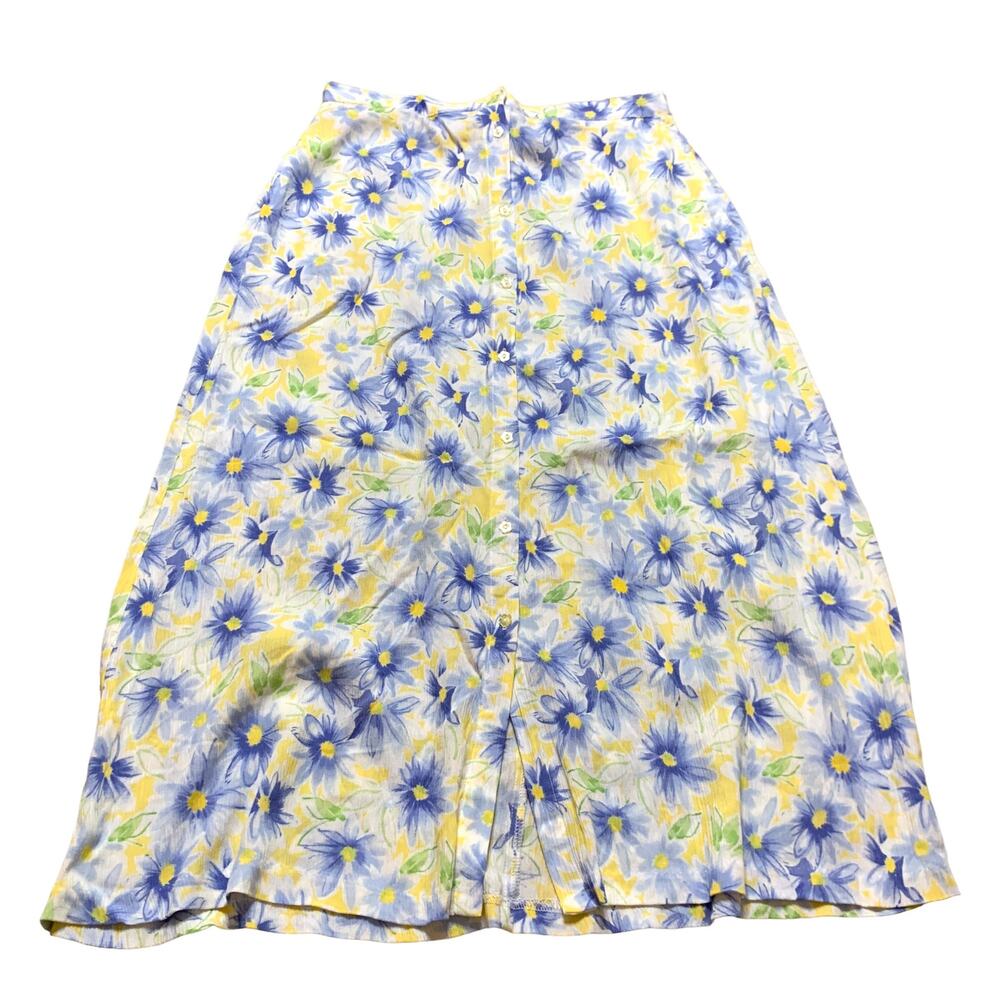 Vintage Cottage Garden Floral Daisy Yellow Pastel Midi Button Skirt Size 14